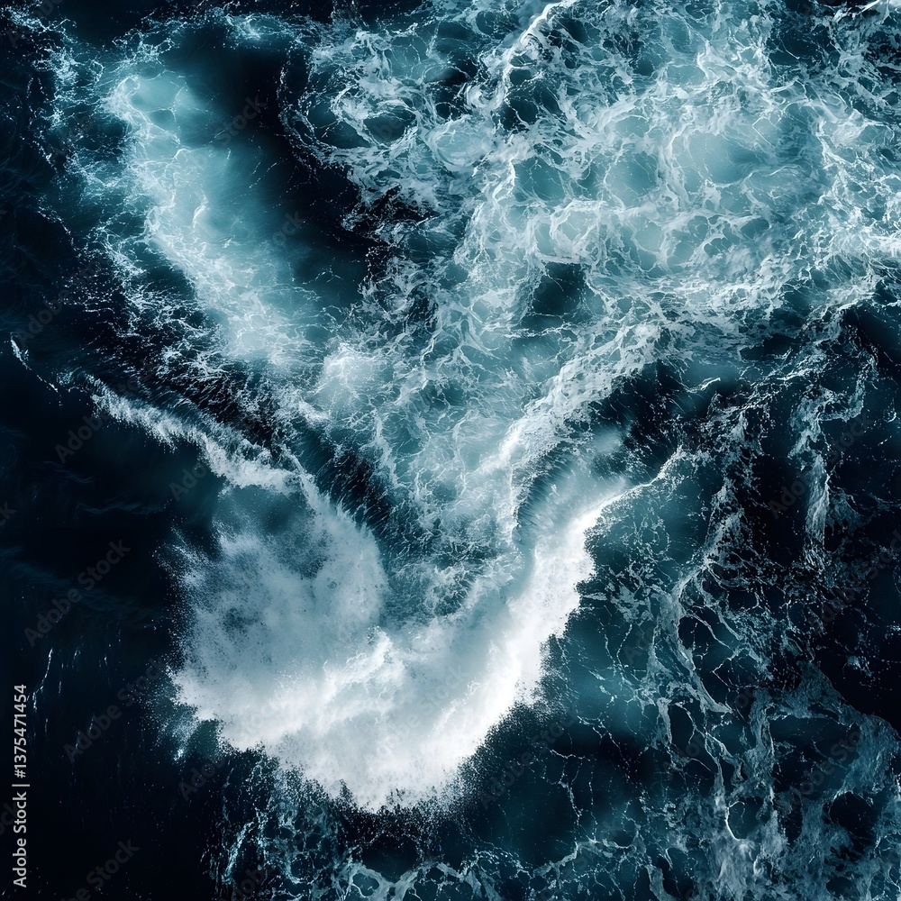 Poster aerial view of a powerful ocean wave with captivating dynamic interaction between the water and foam