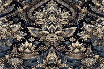 Dark blue,gold and white ethnic silk pattern, background image.