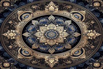 Dark blue,gold and white ethnic silk pattern, background image.