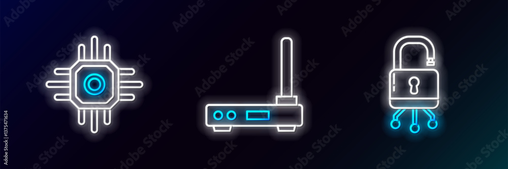 Poster set line lock on digital circuit board, processor and router and wi-fi signal icon. glowing neon. ve