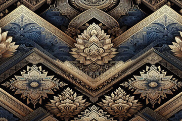 Dark blue,gold and white ethnic silk pattern, background image.