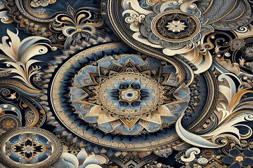 Dark blue,gold and white ethnic silk pattern, background image.