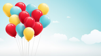 Colorful balloons on blue sky. Blue, red, and yellow balloons on a blue background with white clouds.