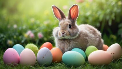 A close-up of a fluffy gray rabbit sitting in vibrant green grass,