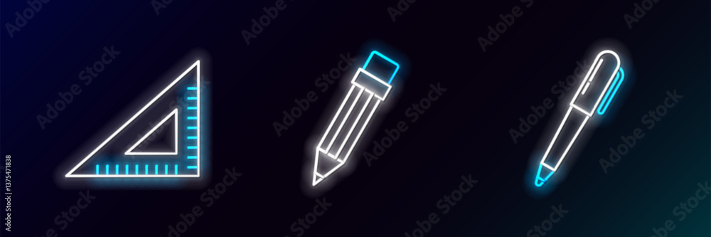 Poster set line pen, triangular ruler and pencil with eraser icon. glowing neon. vector
