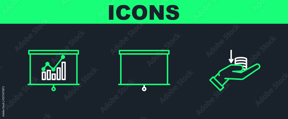 Poster set line money on hand, board with graph chart and chalkboard icon. vector