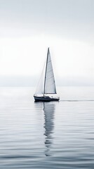 Fototapeta premium A small graceful sailboat silently navigates across a tranquil body of water its crisp white sail reflecting the soft cinematic lighting of the surrounding environment