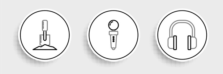 Set line Headphones, Shovel in the ground and Joystick for arcade machine icon. Vector