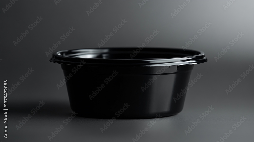 Poster a close up shot of a black plastic container with a smooth surface on a dark gray background studio 