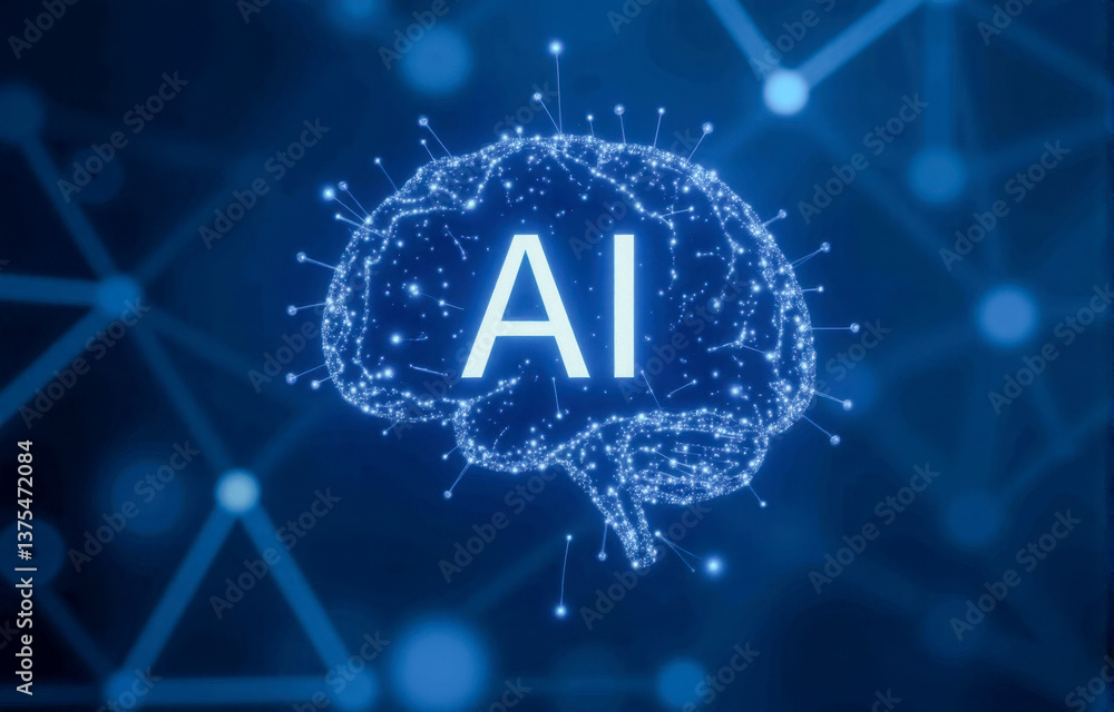 Poster artificial intelligence illustration with glowing brain neural connections technology background rep