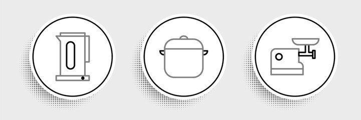 Obraz premium Set line Kitchen meat grinder, Kettle with handle and Cooking pot icon. Vector