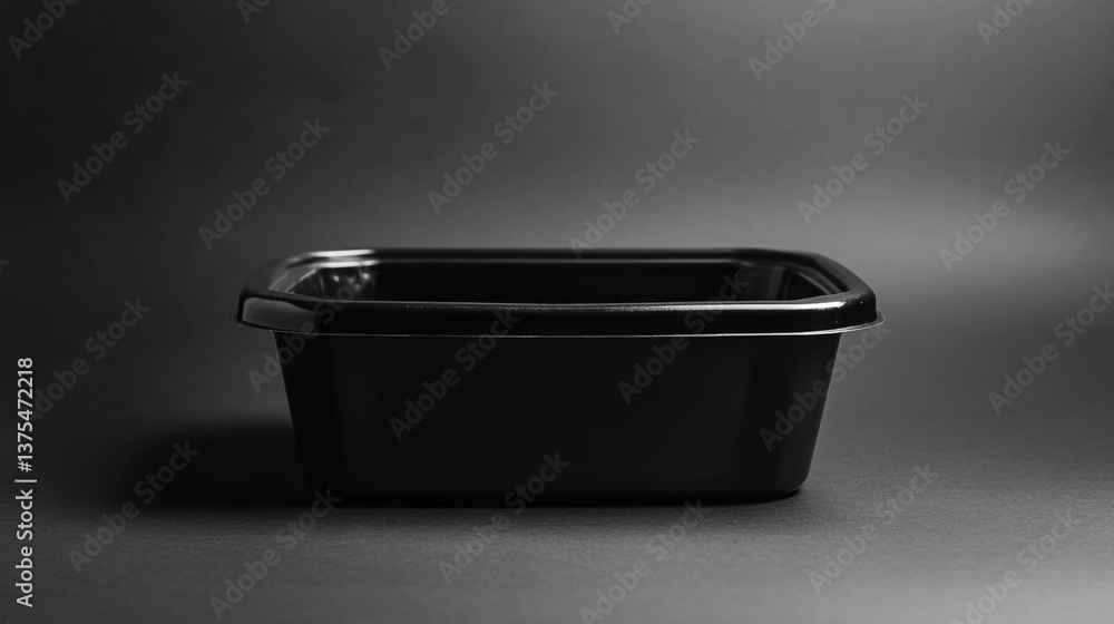 Poster a monochrome image showing a black rectangular plastic container against a gray background in a stud