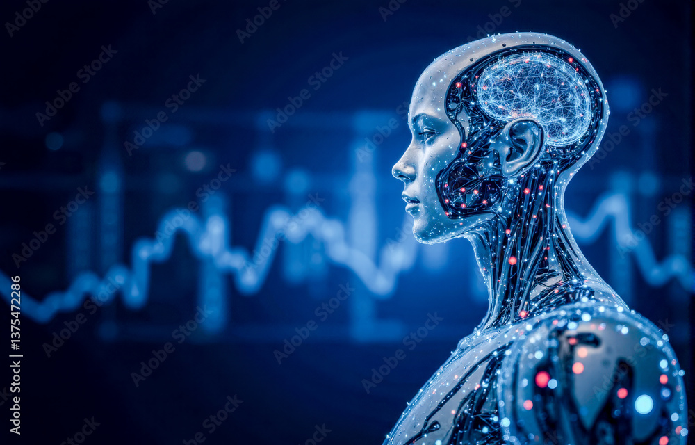 Poster artificial intelligence concept with futuristic robot neural network glowing circuits technology bac
