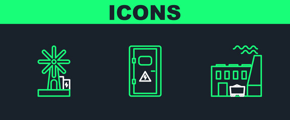 Set line Coal power plant and factory, Wind turbine and Electrical cabinet icon. Vector