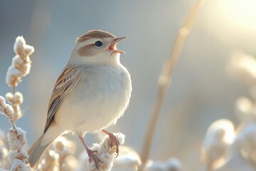 Fototapeta premium Singing Marsh Warbler Perched on Reeds in Wetland Habitat