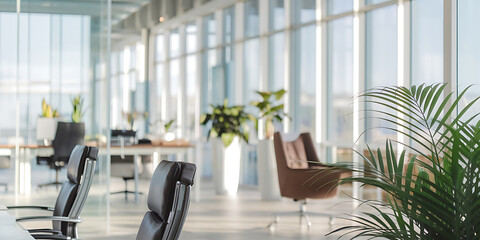 Modern office space bright windows comfortable seating and greenery