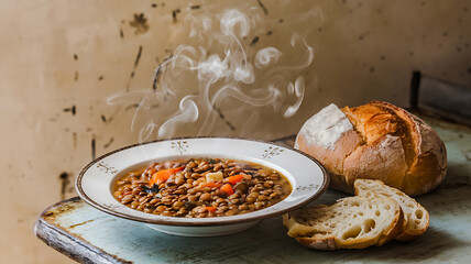 Hearty lentil soup steaming hot served with crusty bread