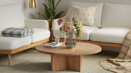 Fototapeta premium Cozy living room scene neutral tones modern coffee table