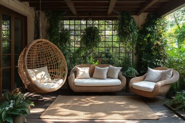 Fototapeta premium Patio with Cozy Hanging Rattan Chair and Wooden Lounge Chairs Surrounded by Greenery in Modern Scandinavian Design