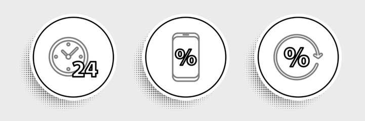 Set line Discount percent tag, Clock 24 hours and Percent discount and mobile icon. Vector