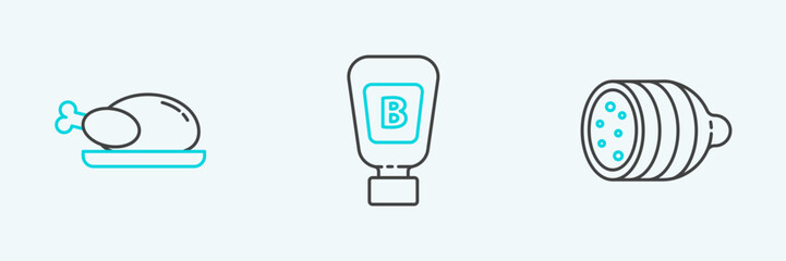 Set line Salami sausage, Roasted turkey or chicken and Sauce bottle icon. Vector