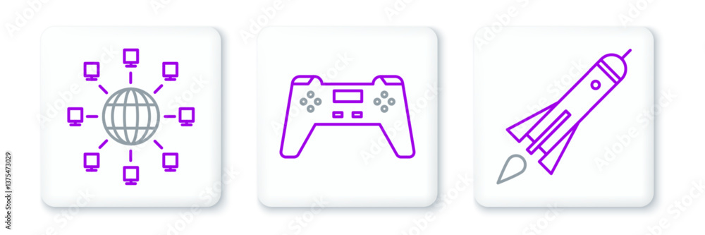 Poster set line rocket ship with fire, social network and gamepad icon. vector