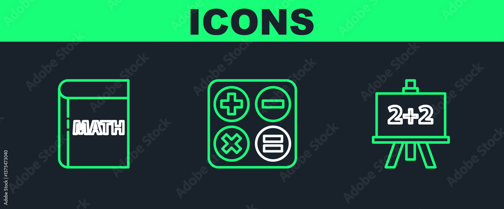 Poster set line chalkboard, book with word mathematics and calculator icon. vector