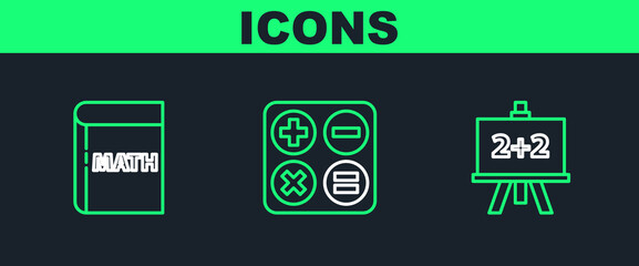 Set line Chalkboard, Book with word mathematics and Calculator icon. Vector