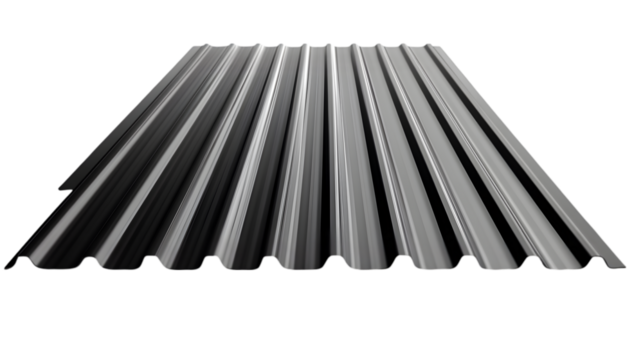 Close up of a corrugated metal sheet with a repeating pattern on a black background studio shot