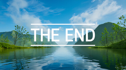 Tranquil lake vista serene mountains THE END title A peaceful nature-themed stock image