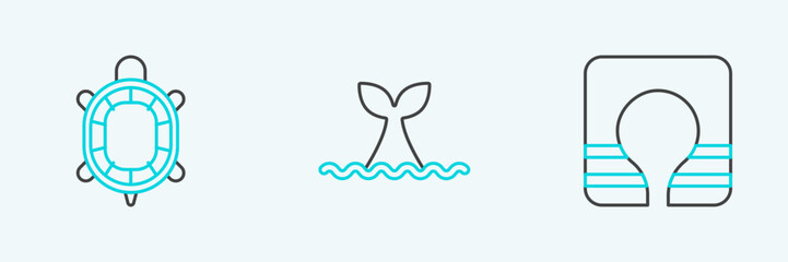 Set line Life jacket, Turtle and Whale tail in ocean wave icon. Vector