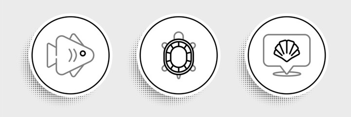 Fototapeta premium Set line Scallop sea shell, Fish and Turtle icon. Vector