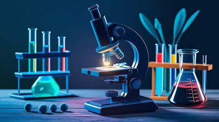 Science lab equipment microscope test tubes beakers Focused scientific research