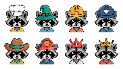 Obraz premium Cute raccoon characters in various professions Cartoon animal avatars