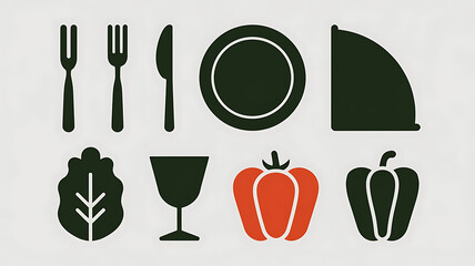 Dining set icons: forks knife plate glass salad peppers
