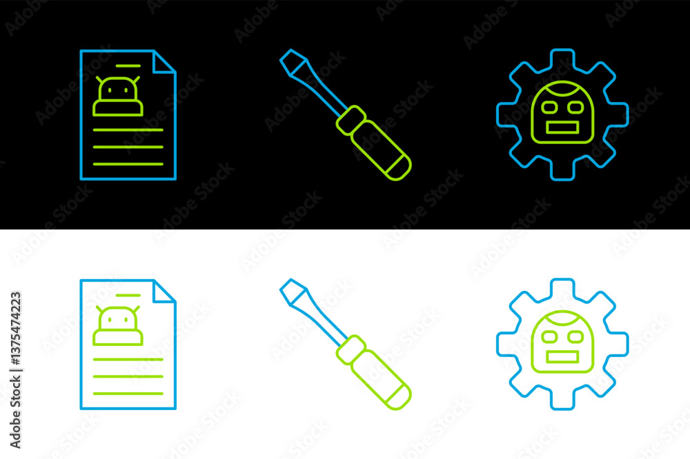 Aufkleber set line robot, technical specification and screwdriver icon. vector