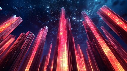 Futuristic Crystal Cityscape at Night Glowing Red in the Sky motion picture. Sci-fi alien cityscape environment video. Beautiful crystal pillars background footage. - Powered by Adobe