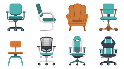 Various office and gaming chairs in a flat design style