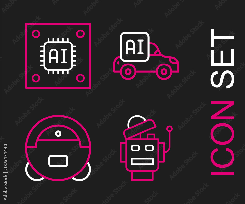 Poster set line robot, vacuum cleaner, autonomous smart car and processor with microcircuits cpu icon. vect