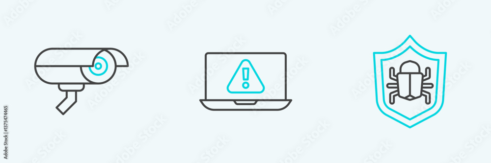 Aufkleber set line system bug, security camera and laptop with exclamation mark icon. vector