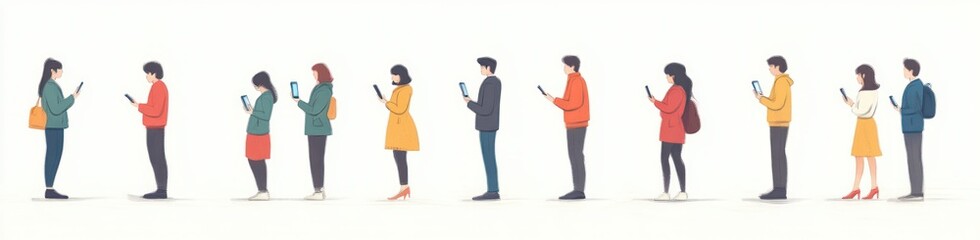 People Interacting with Oversized Smartphones in Flat Design Illustration