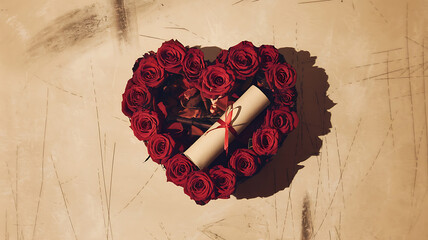 Romantic heart-shaped rose arrangement with scroll Elegant floral design