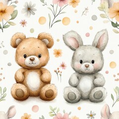Fototapeta premium Watercolor Seamless Pattern of Cute Teddy Bears and Rabbits in Pastel Colors