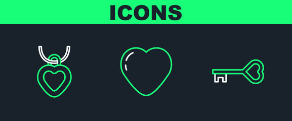 Set line Key in heart shape, Necklace with shaped and Heart icon. Vector