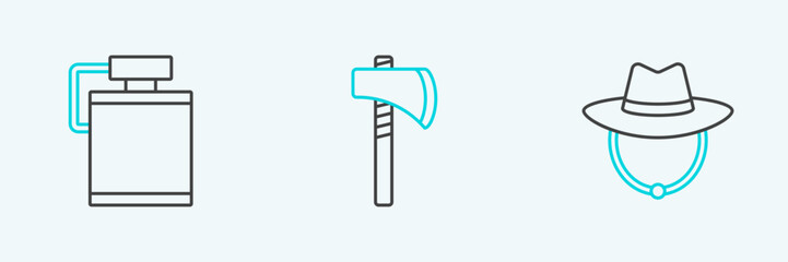 Set line Western cowboy hat, Canteen water bottle and Tomahawk axe icon. Vector