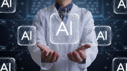 Person in lab coat holds AI symbols.
