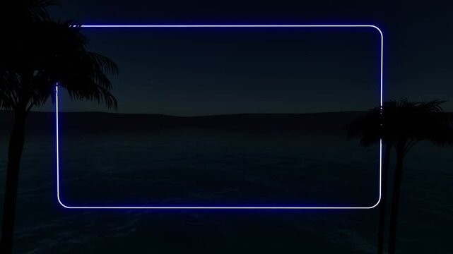 Blue Neon rectangle tropical nature palm tree sea ocean night 4k