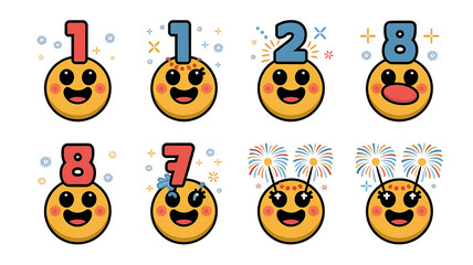 Cute cartoon smiley faces with numbers and fireworks celebrating a special occasion