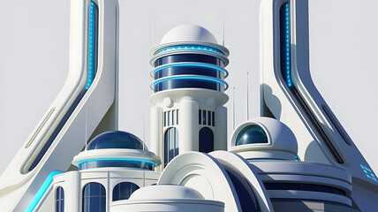 Futuristic white city complex with blue accents.
