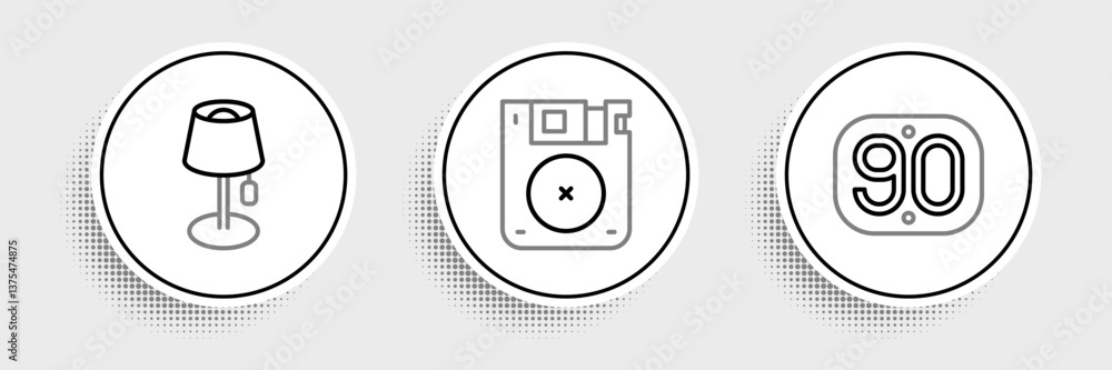 Poster set line 90s retro, floor lamp and floppy disk icon. vector